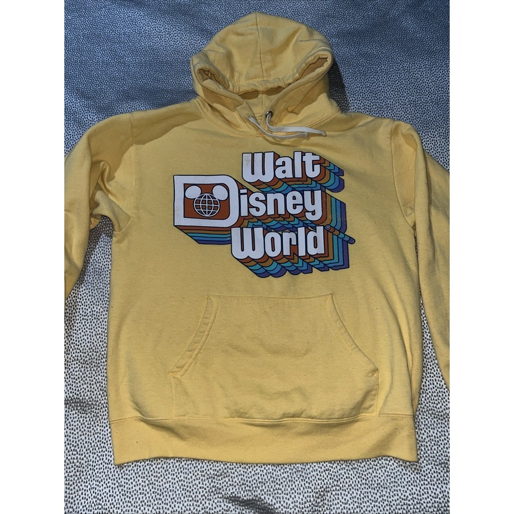 Vintage Walt Disney‎ World Retro Logo Yellow Pullover Hoodie Sweatshirt Small